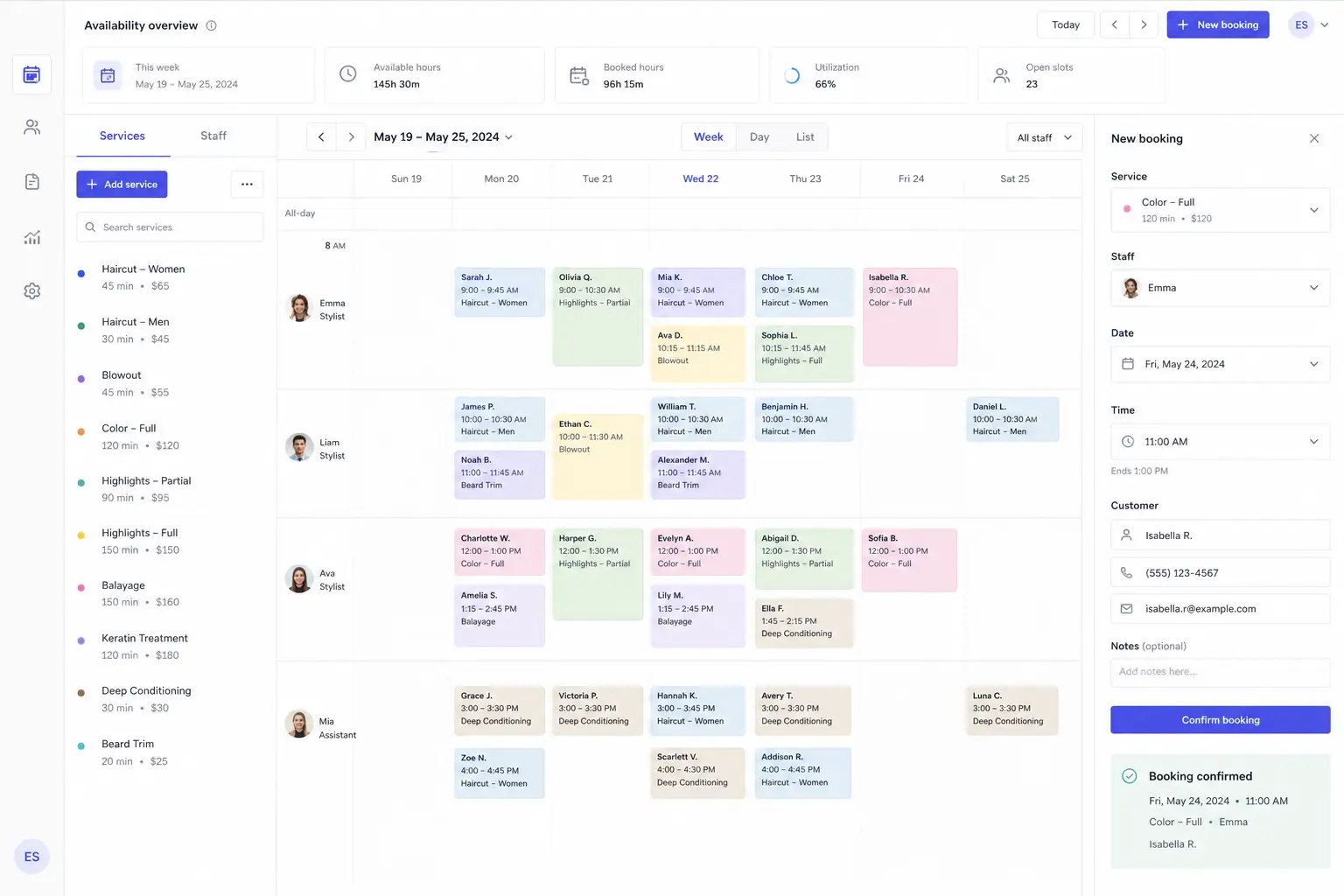 Maqueta de sistema de reservas y citas con calendario semanal, servicios, personal y formulario de reserva.