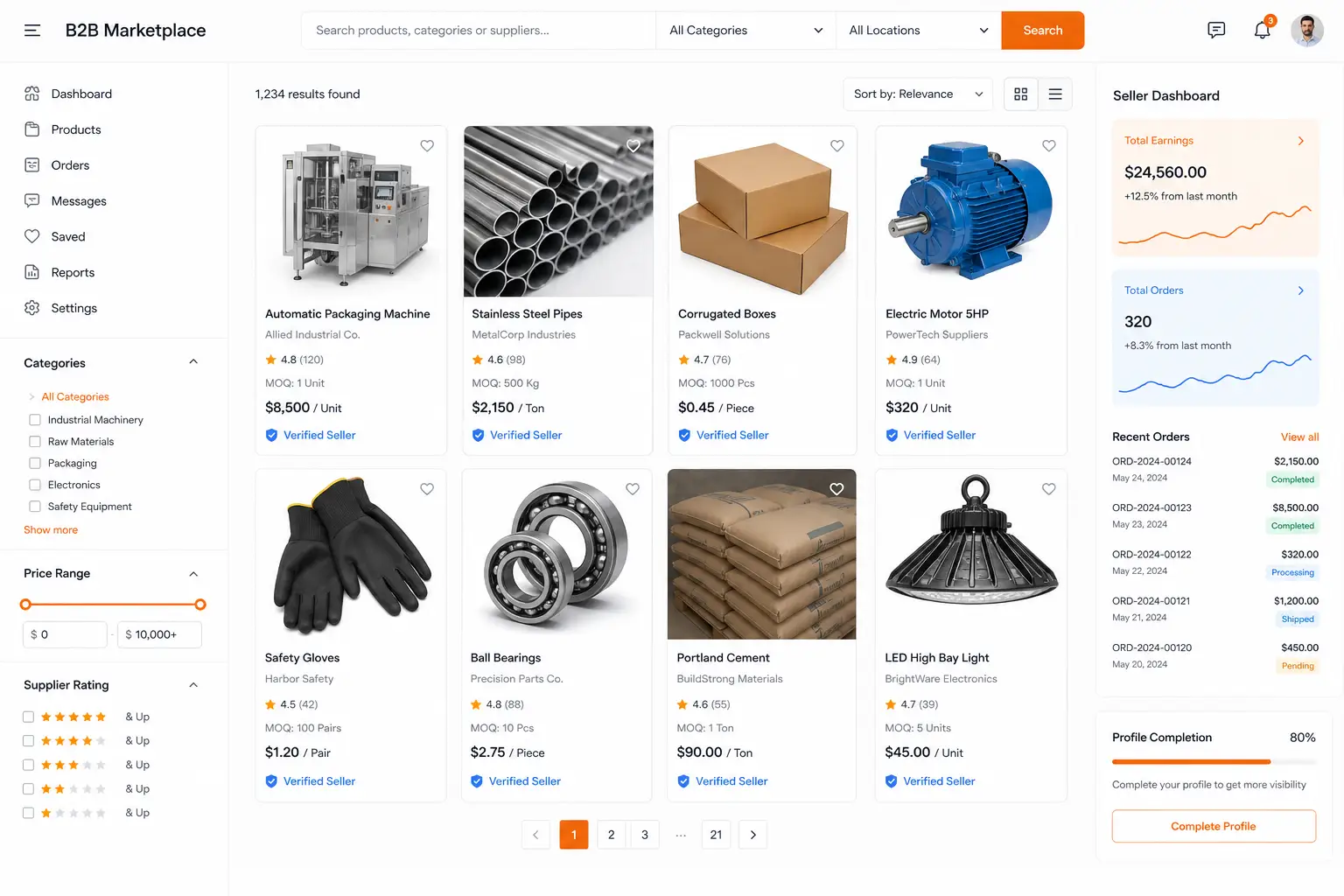 Maqueta de marketplace B2B con buscador, filtros, fichas de producto con valoraciones y panel de vendedor.