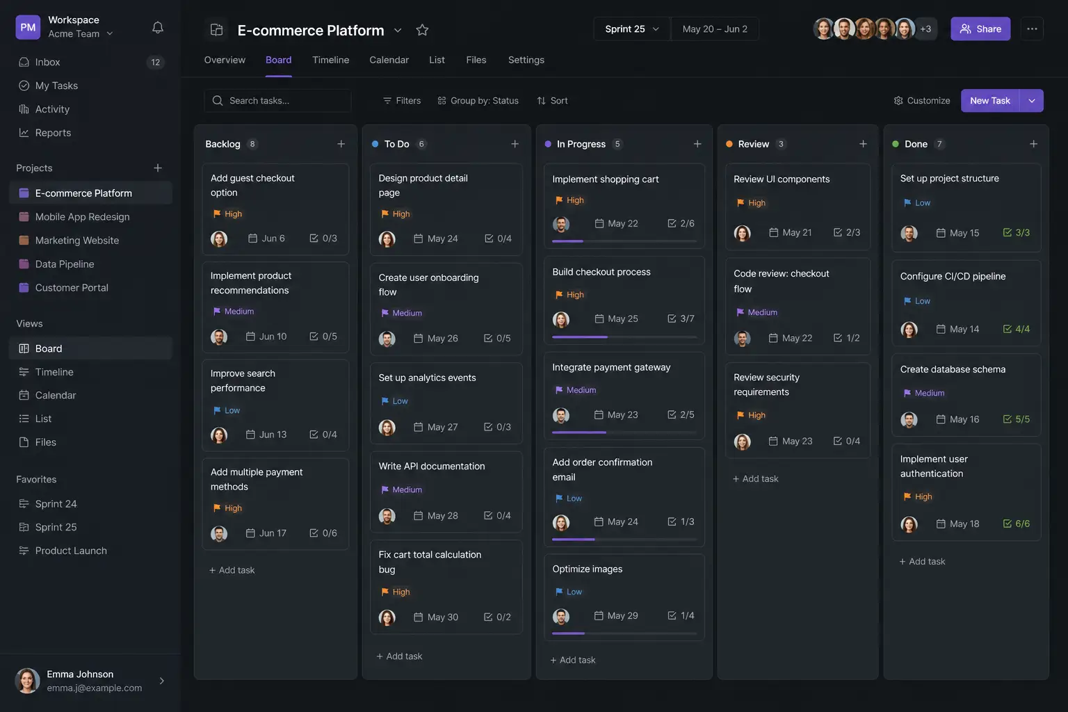 Maqueta de gestión de proyectos con tablero kanban, sprints, tareas con etiquetas y responsables.